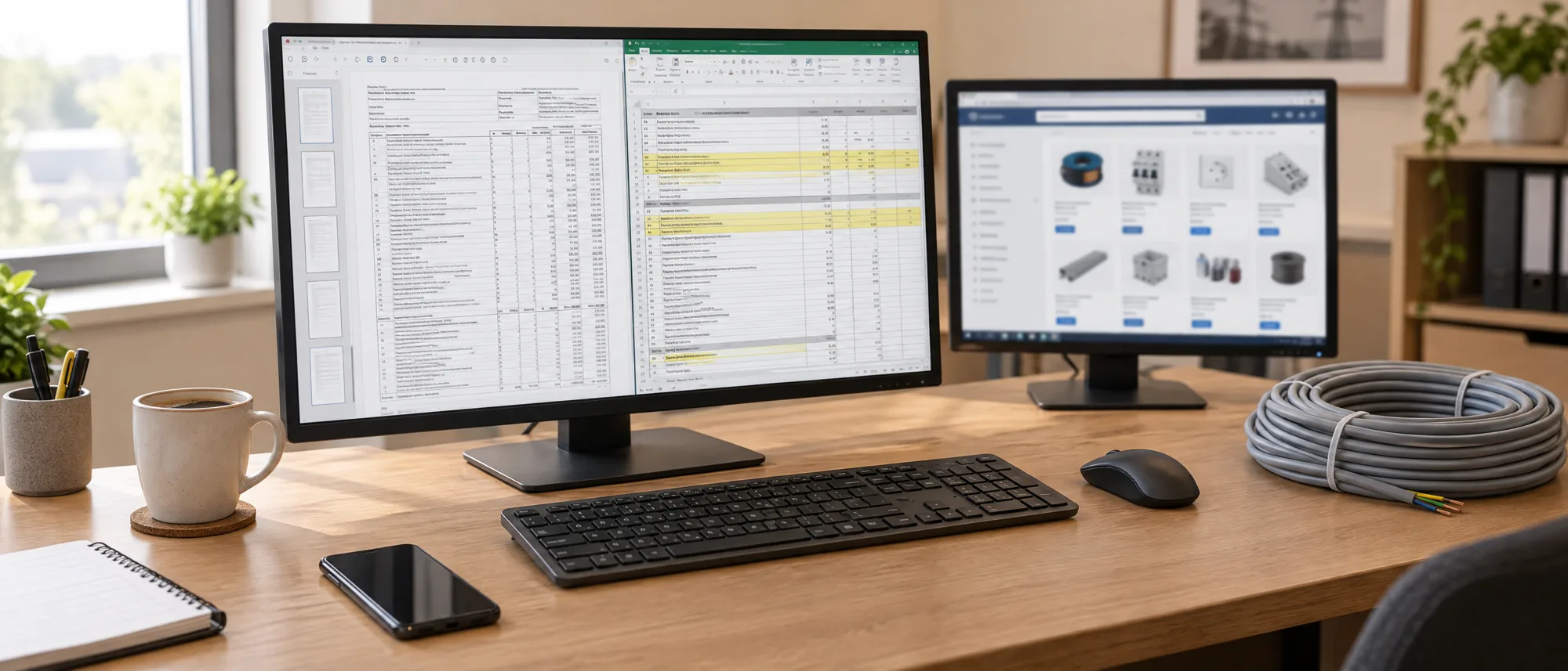 Schreibtisch eines Kalkulators: Monitor mit LV als PDF und Excel-Tabelle mit gelb markierten Zeilen, zweiter Monitor mit Großhändler-Shop, Tastatur, Kabelring